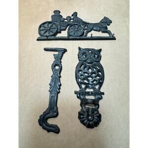 Vtg Emson Cast Iron Owl & Swivel Arm Wall Bracket Plant Hanger & Key Ring Black